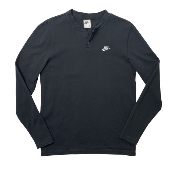Nike Shirt Mens S Small Black Cotton Club Henley Long Sleeve Snap Button Tee - Picture 1 of 11